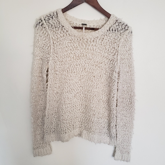 Free People September Song Shaggy Sweater Loose Knit Cream Large Wool Blend - Picture 9 of 9